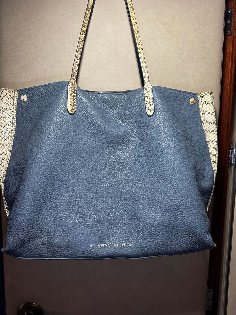 Etienne Aigner Blue Pebbled Leather boho Bag w real Snakeskin Accents
